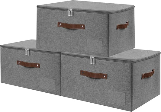 ANMINY 3PCS Storage Bins with Zipper Lid Storage Boxes with Label Holder PU Leather Handles Washable Foldable Decorative Lidded Cotton Linen Fabric Cubes Baskets Closet Organizer - Gray, Large