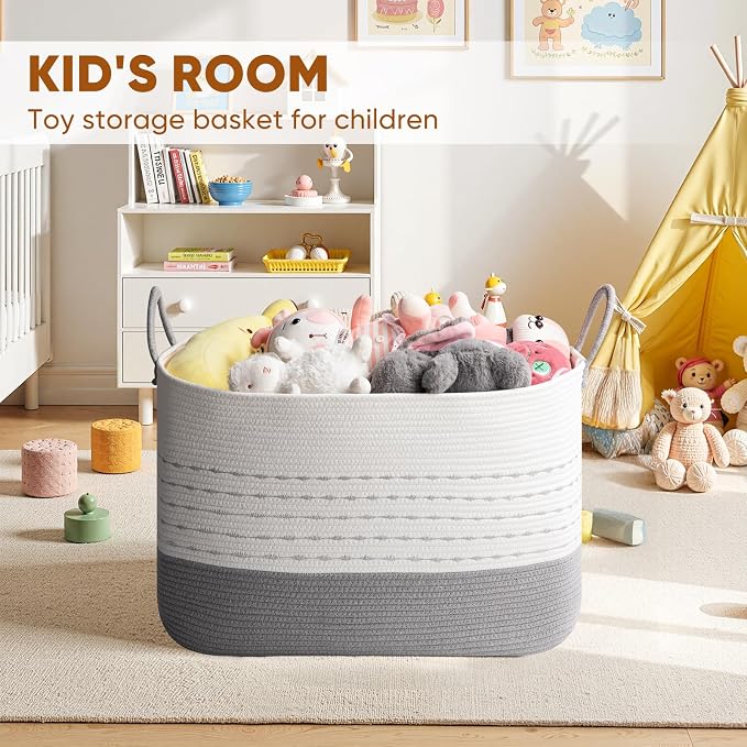 OIASKET XXL Large Blanket Basket for Living Room, 108L Woven Storage Baskets for Organizing, Rectangle Cotton Rope Basket Toy Chest With Handles-Grey & White