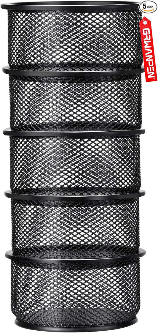 grwanpen®5-Pack Stackable Mesh Desk Organizer Bins - Durable Storage Containers for Paper Clips, Rubber Bands, and Office Supplies, Black