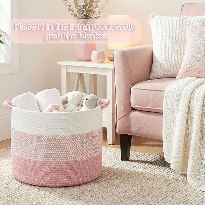 Artfeel 40L Large Cotton Rope Basket, Decorative Woven Blanket Storage for Living Room, Boho Toy Storage & Toy Box for Kids, Versatile Laundry Basket & Nursery Hamper for Blankets(Pink)
