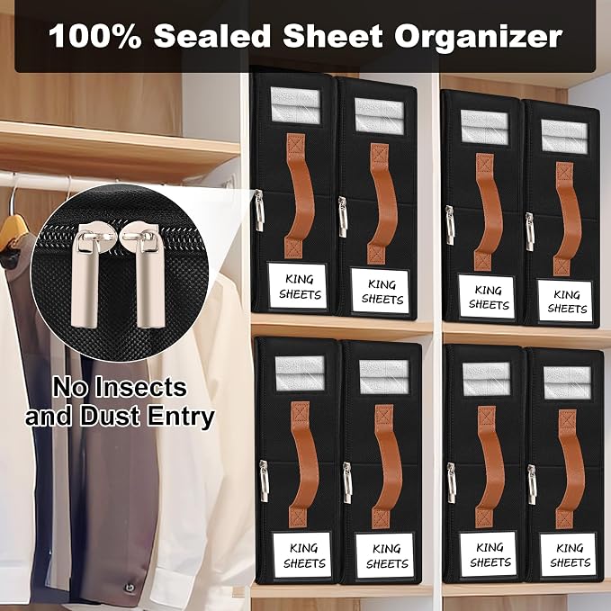8pack Bed Sheet Organizer, Foldable Linen Closet Organizers and Storage with Sealed Design, Queen & King Size Sheet Storage with Window, Closet Organizer for Bedsheets/Blankets/Clothes, Black