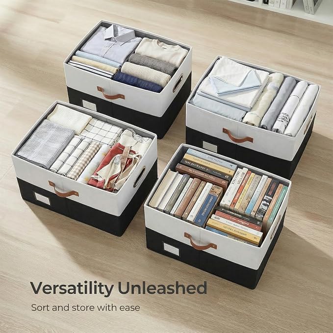PRANDOM Storage Bins with Lids [3-Pack] Linen Fabric Foldable Storage Boxes Organizer Containers Baskets Cube with Cover for Bedroom Closet Office Grey&Black (23.4X15.9X11.4)