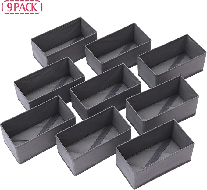 DIOMMELL 9 Pack Foldable Cloth Storage Box Closet Dresser Drawer Organizer Fabric Baskets Bins Containers Divider for Clothes Underwear Bras Socks Lingerie Clothing, M Grey 090