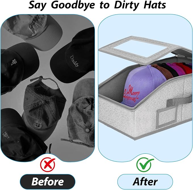Hat Storage for Baseball Caps,2 PCS Stackable Hat Storage Boxes holds up to 24 Caps Hat Organizer for Closet, Sturdy Snapback Hat Boxes for Women&Men with Clear Window for Closet, Grey