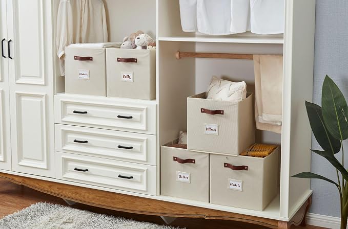 DECOMOMO Storage Bins, Cube Storage Bin with Labels | 13" x 13" x 13" Fabric Storage Cubes for Shelves (6pcs, Beige)