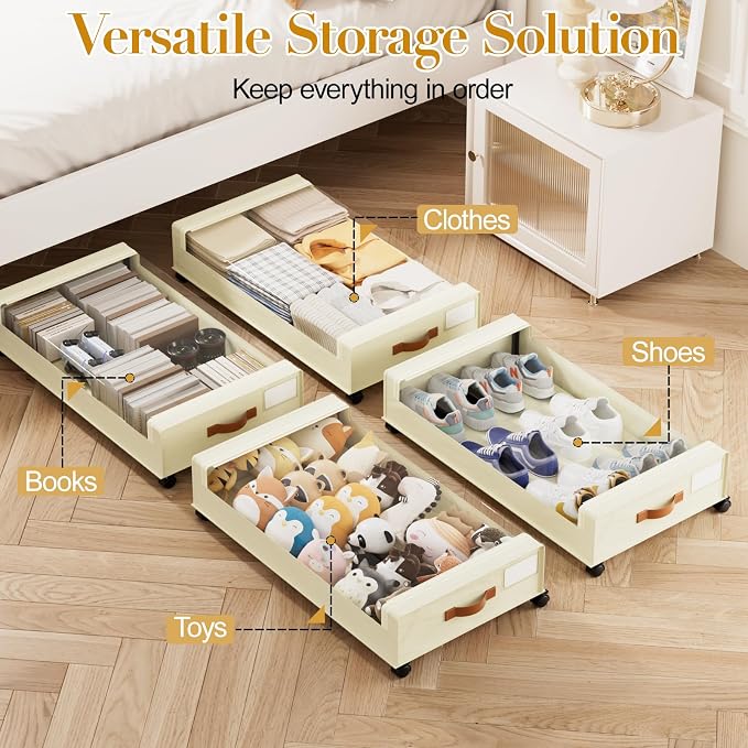 Yecaye Under Bed Storage with Wheels, 2 Pack Under the Bed Storage Containers with Lids & Label, XXL 60 L Rolling Underbed Storage Drawers for Clothes, Blankets, Shoes, Beige