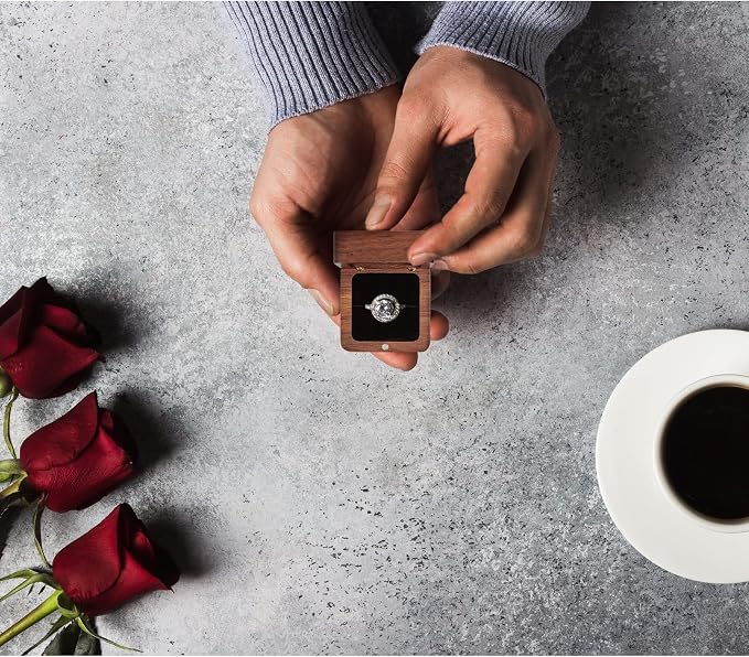 Personalized Wooden Ring Box, Mini Engagement Ring Holder Box with Single Slot, Square Wedding Rings Box for Rings, Elegant and Retro RingHolder Box for Wedding, Ceremony (black)