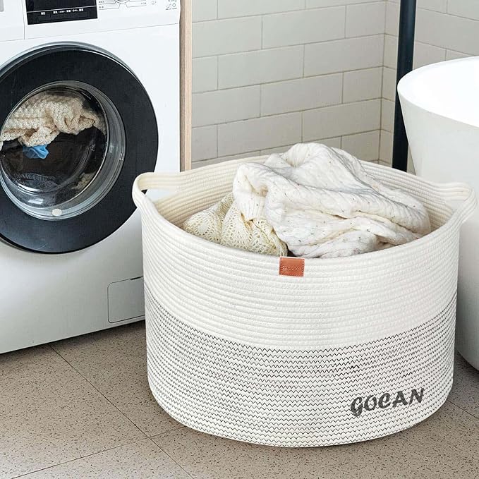 GOCAN Extra Large Laundry Basket 22" X 22"X 14" XXXL Cotton Rope Woven Basket for Blankets Storage Basket with Handles for Living Room (Beige)