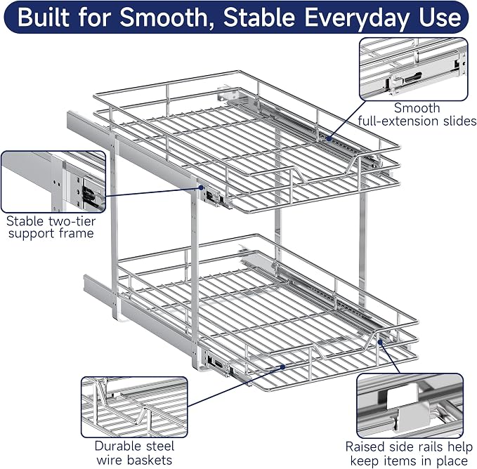 2-Tier Pull Out Cabinet Organizer, 16.5" W x 21.5" D, Heavy Duty Dual Slide Out Shelves for Base Cabinets, Chrome Wire Basket Drawer for Pantry, Kitchen & Bathroom Storage