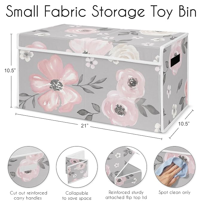 Sweet Jojo Designs Grey Watercolor Floral Girl Small Fabric Toy Bin Storage Box Chest For Baby Nursery or Kids Room - Blush Pink Gray and White Shabby Chic Rose Flower Farmhouse