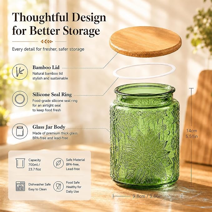 Custde Glass Storage Jars With Airtight Lid, 23.7oz Canister For Kitchen Counter with Bamboo Lid, brown sugar, candy, coffee, cookie, salt, tea,pantry cute Jar (Green, 23.7 fl oz)