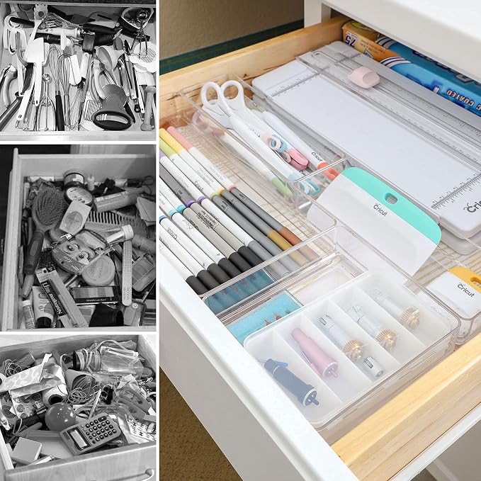 LotFancy Clear Plastic Drawer Organizer, 12’’ x 6” x 2’’, Set of 3 Drawer Storage Containers Bins for Dresser Cosmetics Makeup, Stackable