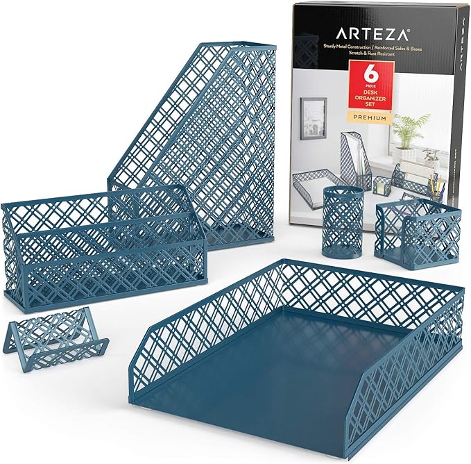 ARTEZA Desk Organizer Set, 6-Piece Dark Green, Includes Pencil Cup, Letter Sorter, Tray, Magazine Holder, Name Card & Sticky Note Holder
