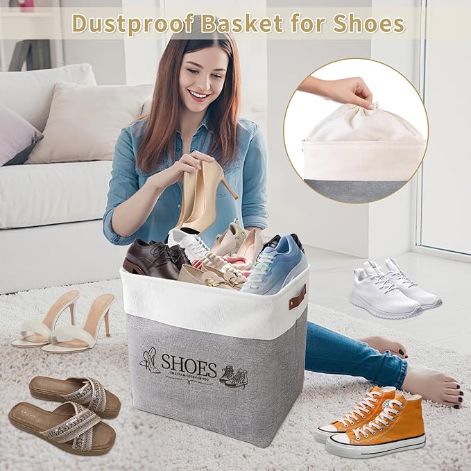 Shoe Basket Organizer, Large Capacity Fabric Entryway Shoe Storage Bin with Handle, Flodable Space-Saving Shoe Basket for Entryway, Hallway, Entryway and Mudroom