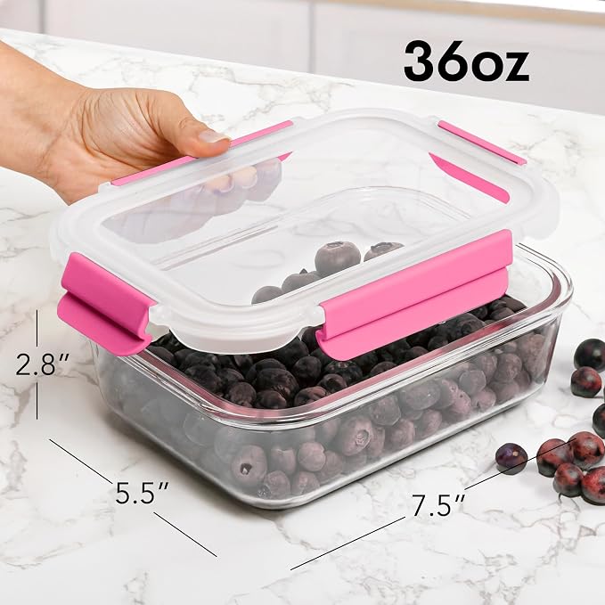 ECOBERI Glass Meal Prep Containers with Silicone Sleeves, 3 Piece 4.5 Cup Set, Borosilicate Glass Food Storage with Leak-Resistant Lids, Oven, Microwave, Freezer and Dishwasher Safe
