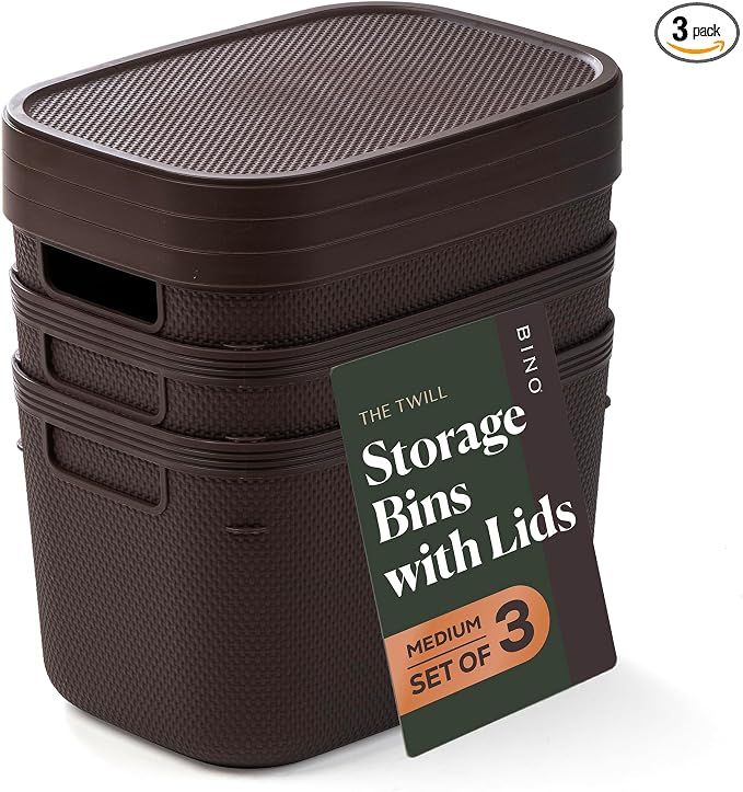 BINO | Plastic Storage Bins with Lids, 5.5 Liter - 3 Pack, Dark Brown | THE TWILL COLLECTION | Plastic Bins for Organization | Woven Storage Baskets for Organizing | Pantry Shelf Organizer Basket Bin