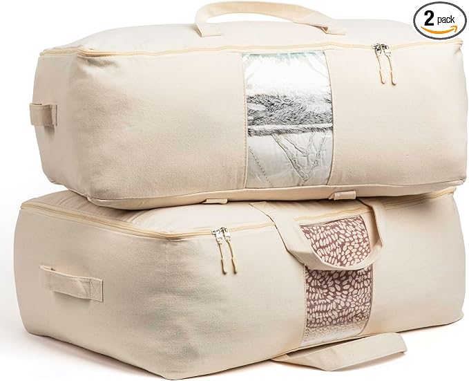 Soft Canvas Storage Bags with Zipper. Thick Breathable, 2pc King/Queen Comforter Organizer. Four Carrying Handles and Window. Large 25x19x9in Bag for Sheets Blankets Bedding Pillows, Clothes