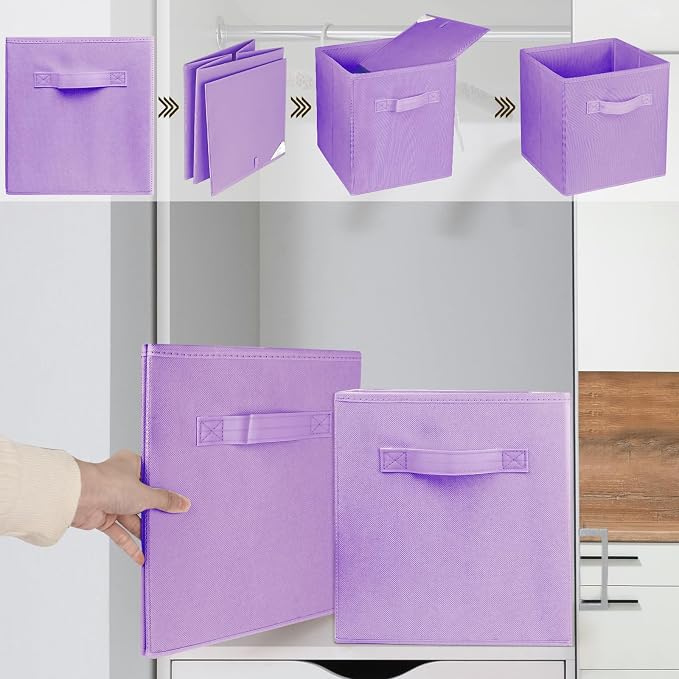 3 Pcs Storage Cubes, 10.5 Inch Collapsible Storage Bins, Fabric Foldable Bins for Organization, Durable Storage Bins for Closet, Shelves, Offices (Light Purple)