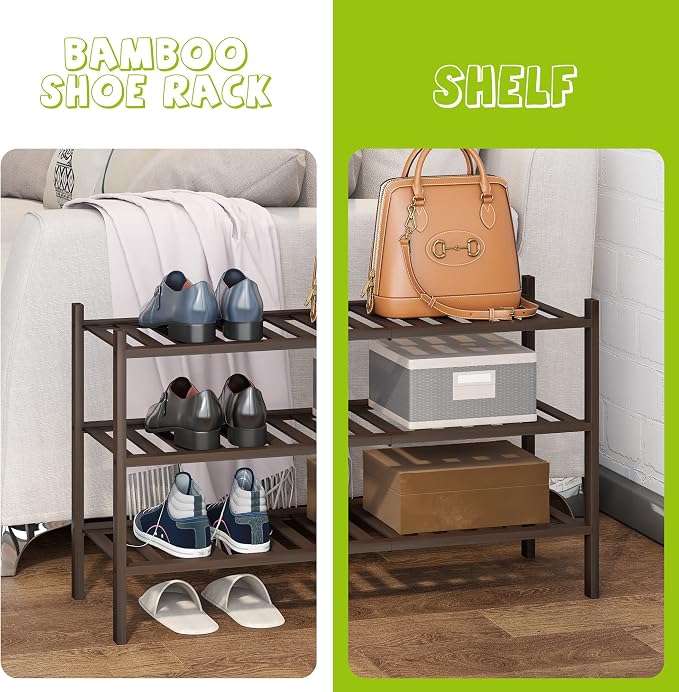 BMOSU 3-Tier Bamboo Shoe Rack Premium Stackable Shoe Shelf Storage Organizer for Hallway Closet Living Room Entryway Organizer (Brown Bamboo)