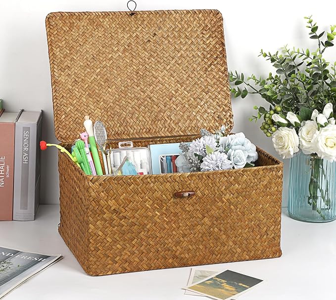 Hipiwe Wicker Shelf Baskets Bin with Lid, Handwoven Seagrass Basket Storage Bins Rectangular Household Basket Boxes for Shelf Wardrobe Home Organizer, Caramel X-Large