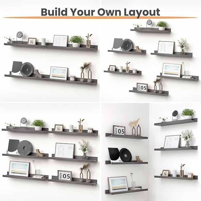 upsimples Floating Shelves for Wall, 23.6 Inch Shelves for Decor Storage Set of 6, Wall Mounted Wood Shelf for Bedroom, Living Room, Bathroom, Kitchen, Long Picture Ledge Shelves, Grey