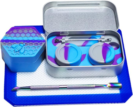 Silicone Wax Carving 5ml 26ml Hexagon Container Kit (Purple Blue Grey) | with 5.2" Rainbow Tool and 5.9"×4.9" Mat