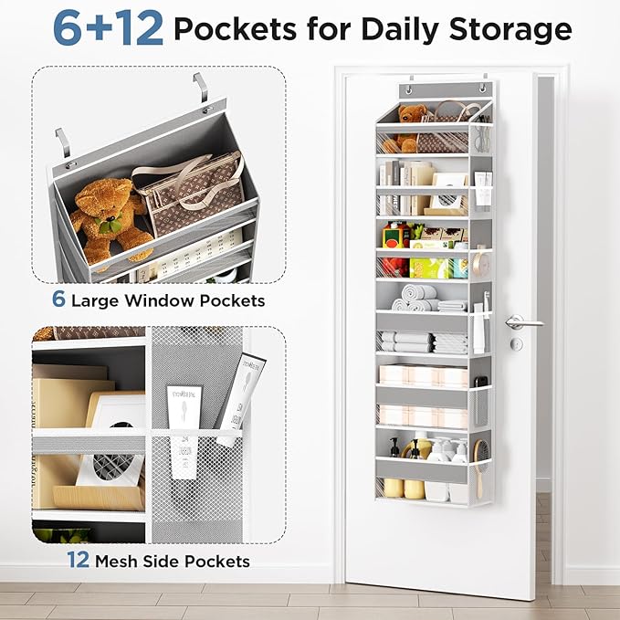 6 Tiers Over The Door Organizer, Heavy Duty Hanging Organizer Storage with Large Capacity Pockets, Behind Door Storage Hanging Shelves for Closet Wall Bathroom Bedroom Nursery Pantry, 1 Pack Grey