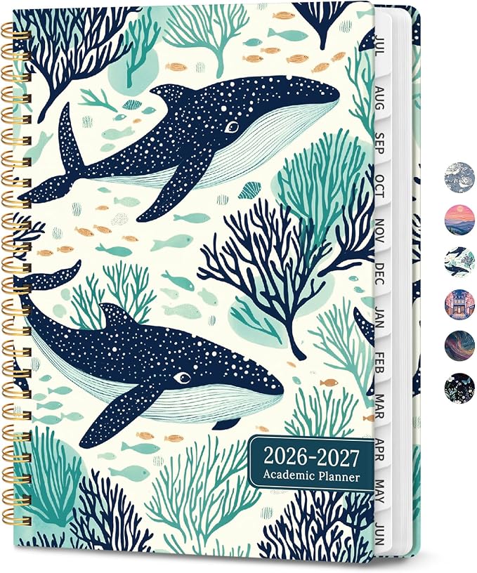Planner 2026-2027, Hardcover Monthly and Weekly Academic Planner July 2026 - June 2027, Teacher and Student Calendar Agenda Book with Tabs, A4 (8.5" x 11"), Ideal for School and Office, Drifting Whales