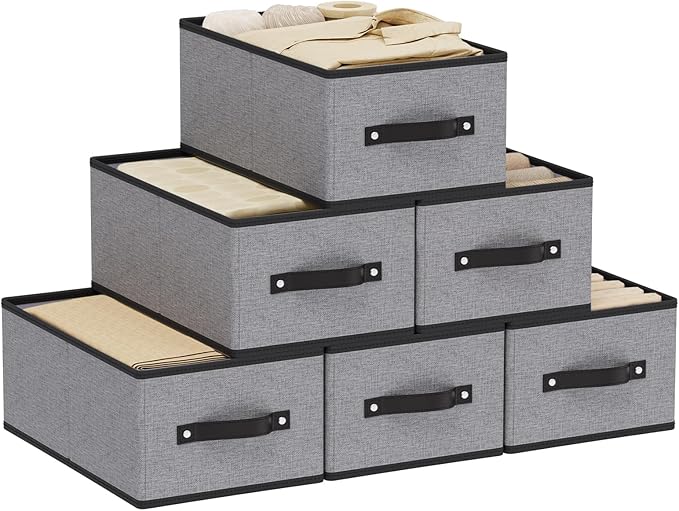 Storage Baskets with Handles,16.1×9.8×6.5In,Gray Boxes,6Pack | Storage Bins for Shelves,Foldable Clothing Drawer Organizer,Closet Containers for Home,Office,Large Fabric Cubes