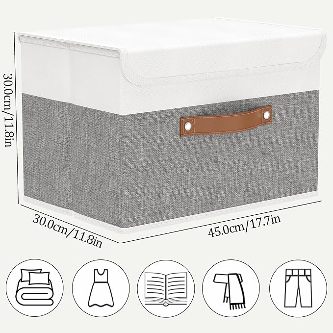 OUTBROS Storage Box with Lids, 17.7x11.8x11.8 inch (White/Grey, 5-Pack) | Foldable Linen Wardrobe Containers, Organiser For Towels, Clothes