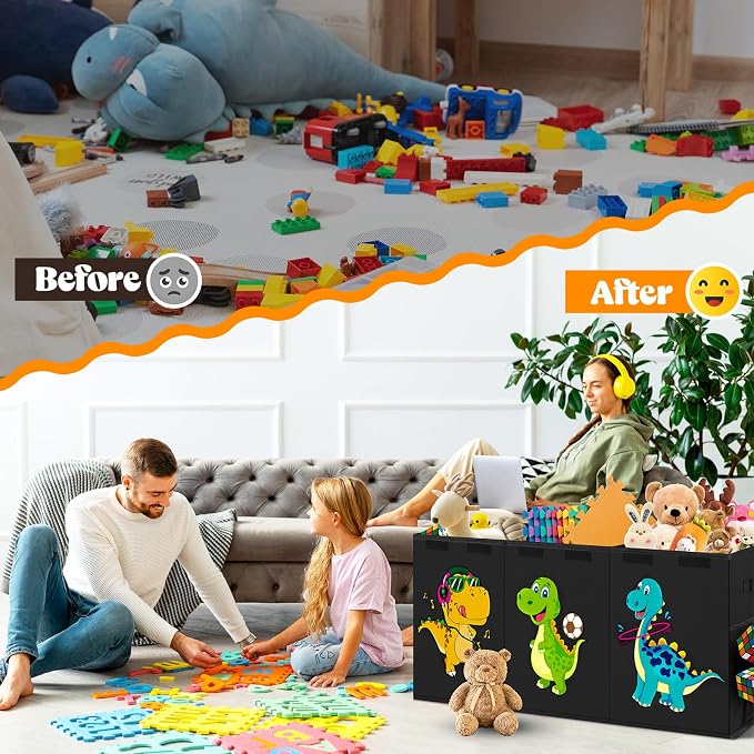 Beadsky Extra Large Toy Box, Collapsible Toddlers Toy Chest Kids Storage Organizer, Dinosaur Bin Boxes Storage Basket with Lids for Boys, Girls, Living Room, Nursery, Playroom, 40"x14"x16", Black