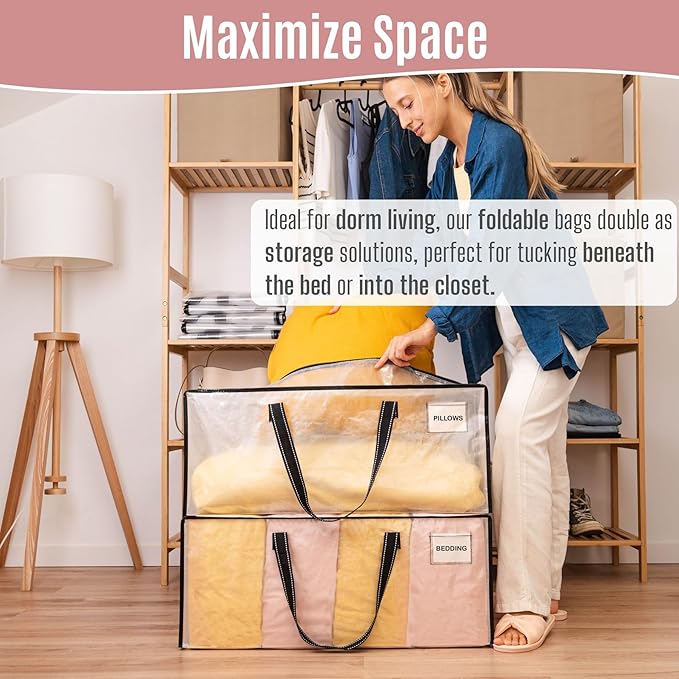 VENO 10 Pack Heavy Duty Moving Bags, Clear Packing Bags for Easy Visibility, Alternative to Moving Boxes, Storage Bins for Clothes, Blankets, Comforters, College Dorm Essentials (Clear, 10 Pack)