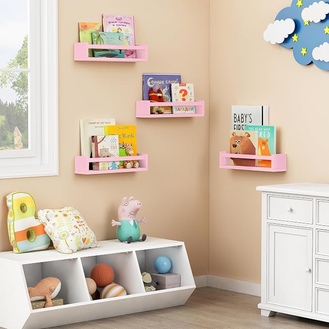 Forbena Pink Nursery Floating Shelves for Wall, Small Kids Wall Bookshelf for Baby Toddler Girls Room, Wood Nursery Hanging Book Shelves for Childrens Bedroom Toys Storage Organizer (Set of 4, Pink)