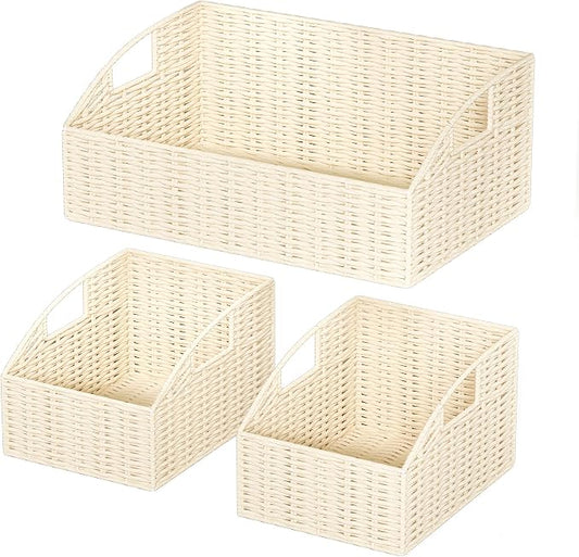 Rattan Storage Baskets, Handwoven Wicker Storage Bins with Built-in Handles, Storage Container Baskets for Shelves, Bedroom, Bathroom, Laundry Room or Kitchen(Beige)