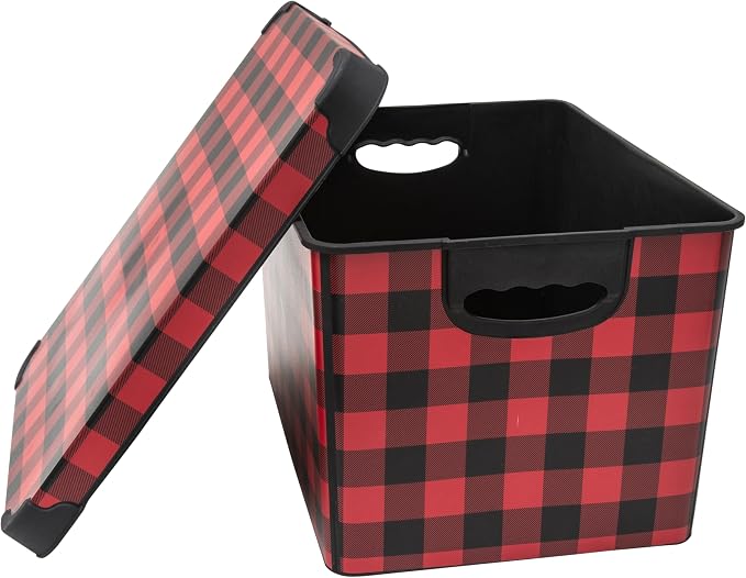 Simplify Checkered Design Storage Bin | Christmas Tote | Holiday Décor Decorations Organizer | Buffalo Plaid Design | Lidded | Stackable | Black and Red
