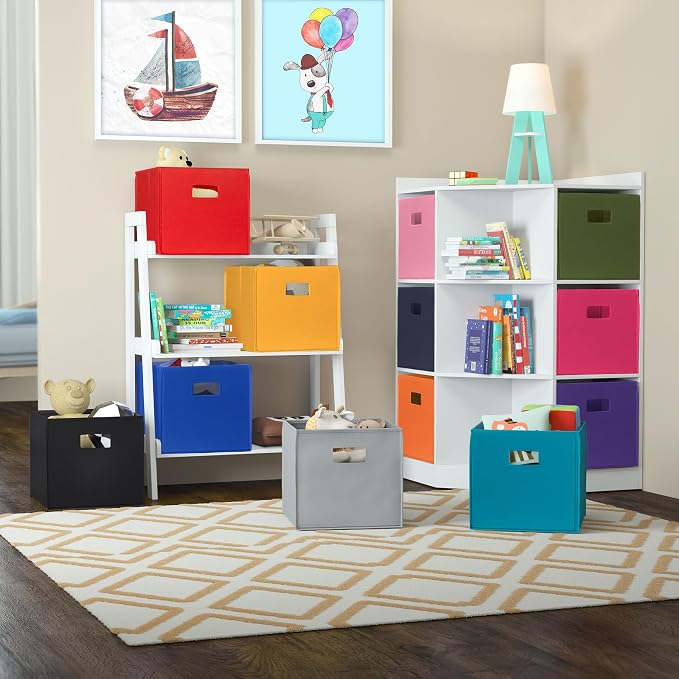 RiverRidge Folding Storage Bins - 2-pack of 10in Tall Red Cubes | Fabric Bins, Set of 2 Storage Cubes, Cut-out Handles, Playroom Closet Organizer, Collapsible Cubby with Bottom Board Insert