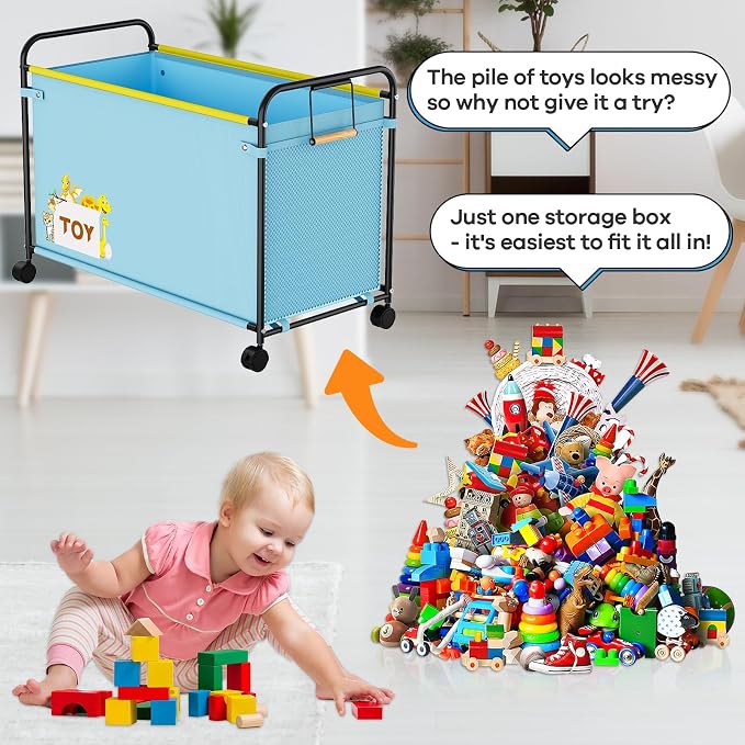 180L Kids Extra Large Toy Box with Wheels for Boys Girls, 31.5" x 15.7" x 23.2" Big Toy Chest with Handle, Toy Storage Organizer for Living Room Area, Stuffed Animals, Clothes(Blue, 1PC)