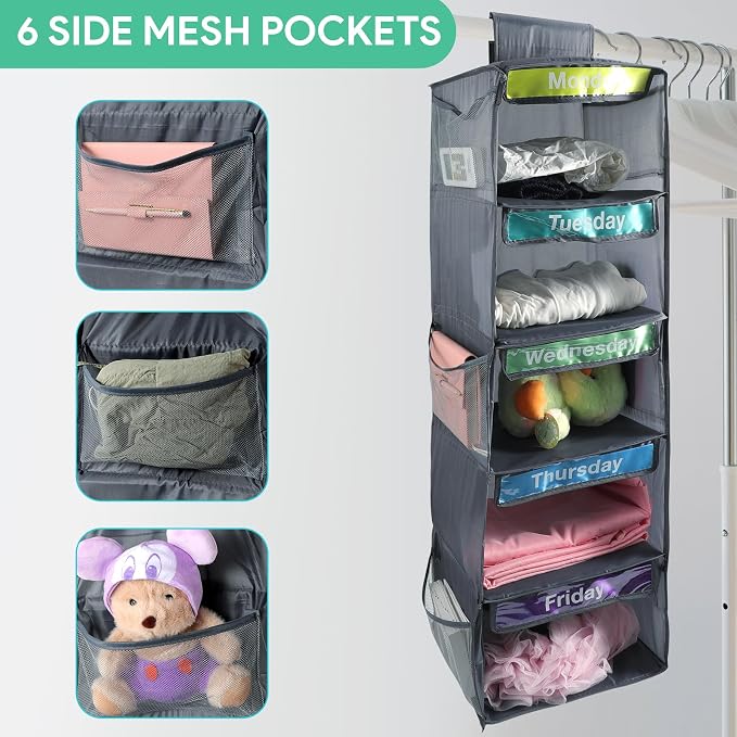 5 Shelf Weekly Clothes Organizer for Kids Daily (Grey) | Days of The Week Clothes Organizer Kid Outfit, Weekday Hanging Closet Shelves with 6 Side Pockets Monday Through Friday