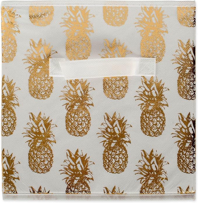 DII Non Woven Polyester Storage Bin, Metallic Pineapple, White & Gold, Small Set of 4