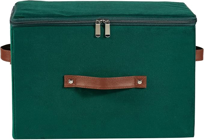 Storage Bins with Zipper Lid Velvet Fabric Storage Boxes Lidded Baskets Foldable Washable Decorative Closet Shelf Clothes Organizer Container with PU Leather Handles (Deep Green, Large)