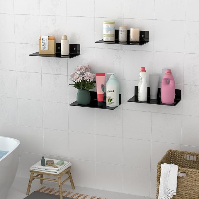 12 Inches Black Wall Shelves Set of 4, Acrylic Floating Shelf for Wall, Wall Mounted Display Shelf for Bedroom, Living Room, Funko Pop Shelves, Smart Speaker, 4 Pack