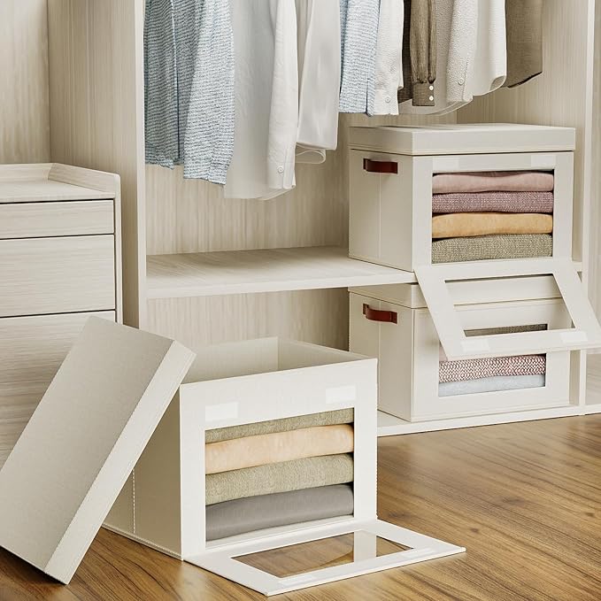 4-Pack Large Storage Bins with Lids,Stackable&Collapsible Closet Storage Bins,Oxford Fabric Organizer Box with Clear Window,Large Decorative Storage Boxes for Closet,Dorm16.5"x11.8"x11"
