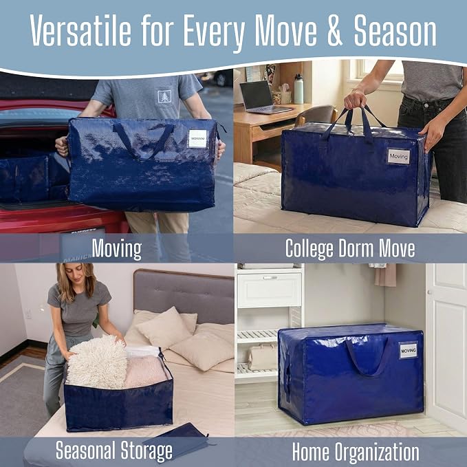 VENO 10 Pack Extra Large Heavy Duty Moving Bags with Wide Opening & Reinforced Handles, Reusable Storage Tote Bags with Strong Zippers for Clothes, College Dorm Essentials & Moving Supplies