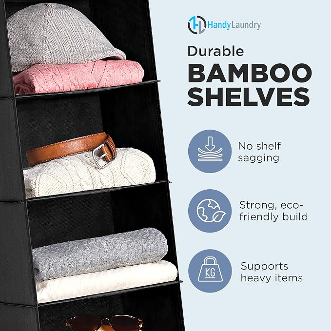 Hanging Closet Organizer - 6 Shelf Storage for Clothes, Sweaters, Shoes & Accessories - Space-Saving Wardrobe Shelves with Hooks for Dorm, RV & Small Closet Organization (Black) (Pack of 2)
