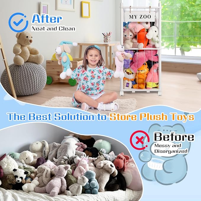 GLDZI Stuffed Animal Storage Zoo with Wheels, Wooden Stuffed Animal Organizer with Elastic Cords, Space Saving Toy Plushies Storage Holder for Playroom, Bedroom, Living Room(White, Small)