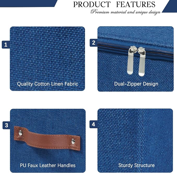 Storage Bins with Zipper Lid Foldable Fabric Lidded Storage Boxes Baskets Cubes Washable Collapsible PU Leather Handle Cotton Linen Shelves Closet Organizer Container(Dark Blue, Small Size)