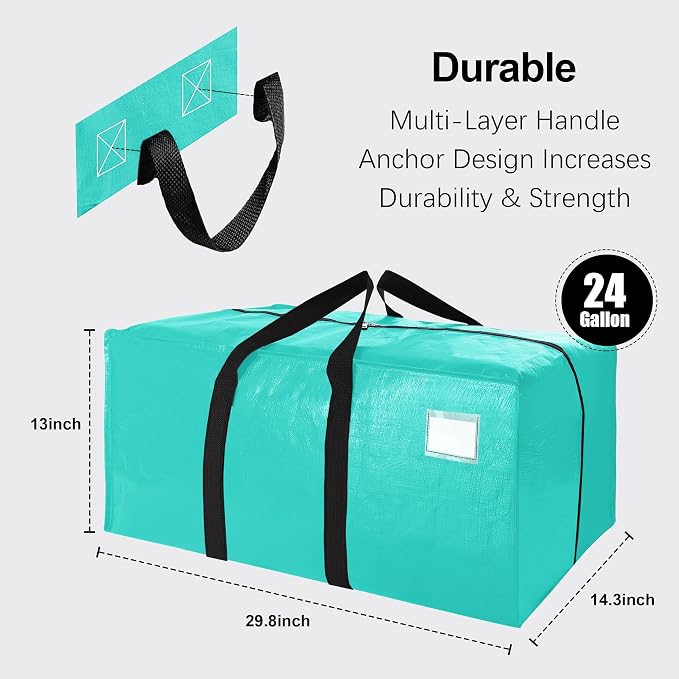 VELVETSURE 6 Pack Heavy Duty Large Moving Bags W/Backpack Straps - Strong Handles & Zippers, Storage Totes For Space Saving, Fold Flat, Alternative to Moving Box and Storage Bin, Aquamarine