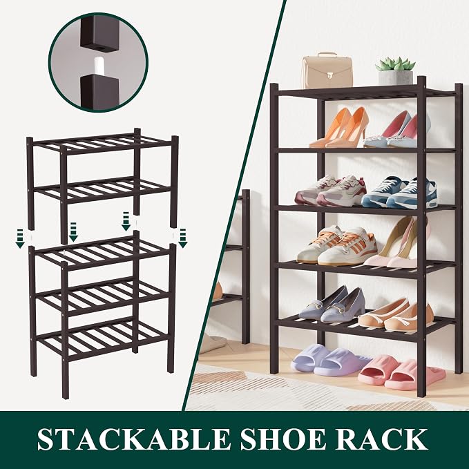Smiry Bamboo Shoe Rack for Closet, 6 Tier Small Wooden Shoe Organizer, Stackable Wood Shoe Storage Shelf for Entryway, 14 Vertical Slats, 3+3 Stack Heavy-Duty Legs, 17.32"x11.02"x36.61", Brown
