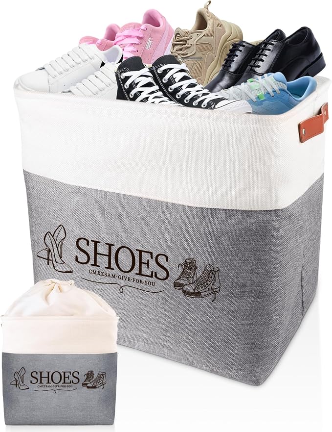 Shoe Basket Organizer, Large Capacity Fabric Entryway Shoe Storage Bin with Handle, Flodable Space-Saving Shoe Basket for Entryway, Hallway, Entryway and Mudroom