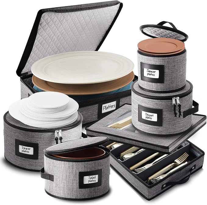 Fine China Hard Shell Dish & Utensil Storage Containers - 6 Piece Stackable Plate Storage with Dividers for Moving & Seasonal Use